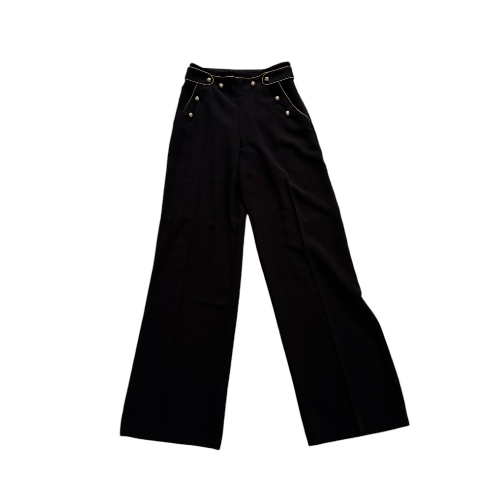 Black Wide-Leg High-Waist Pants with Decorative Buttons